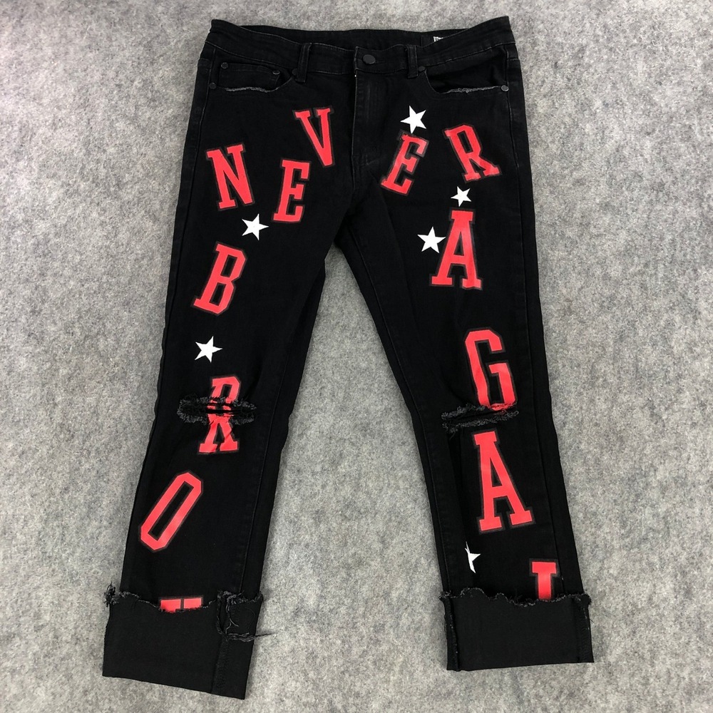 Never Broke Again NBA Jeans Mens 34 Black Red Cut-Off Graphic Lettering Stars
